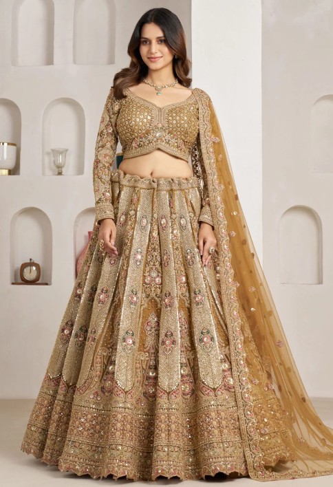 Gold Net Diamond, Embroidered, Resham, Sequins and Zari Work Lehenga Choli for Engagement